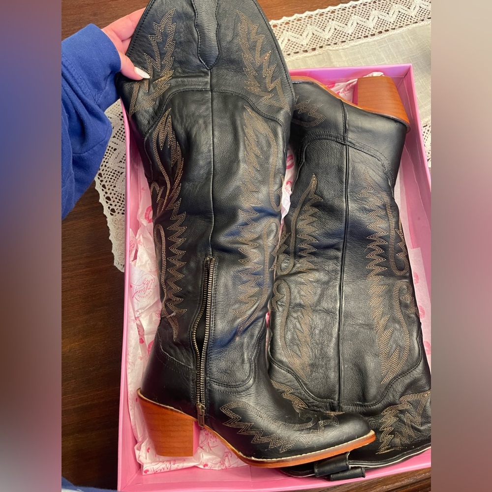 Black Leather Knee High Cowboy Boots